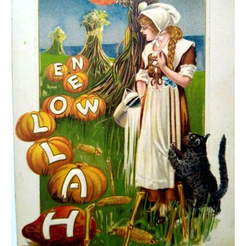Halloween Postcard Fantasy John Winsch 1918 Original Black Cat Owl Pumpkins